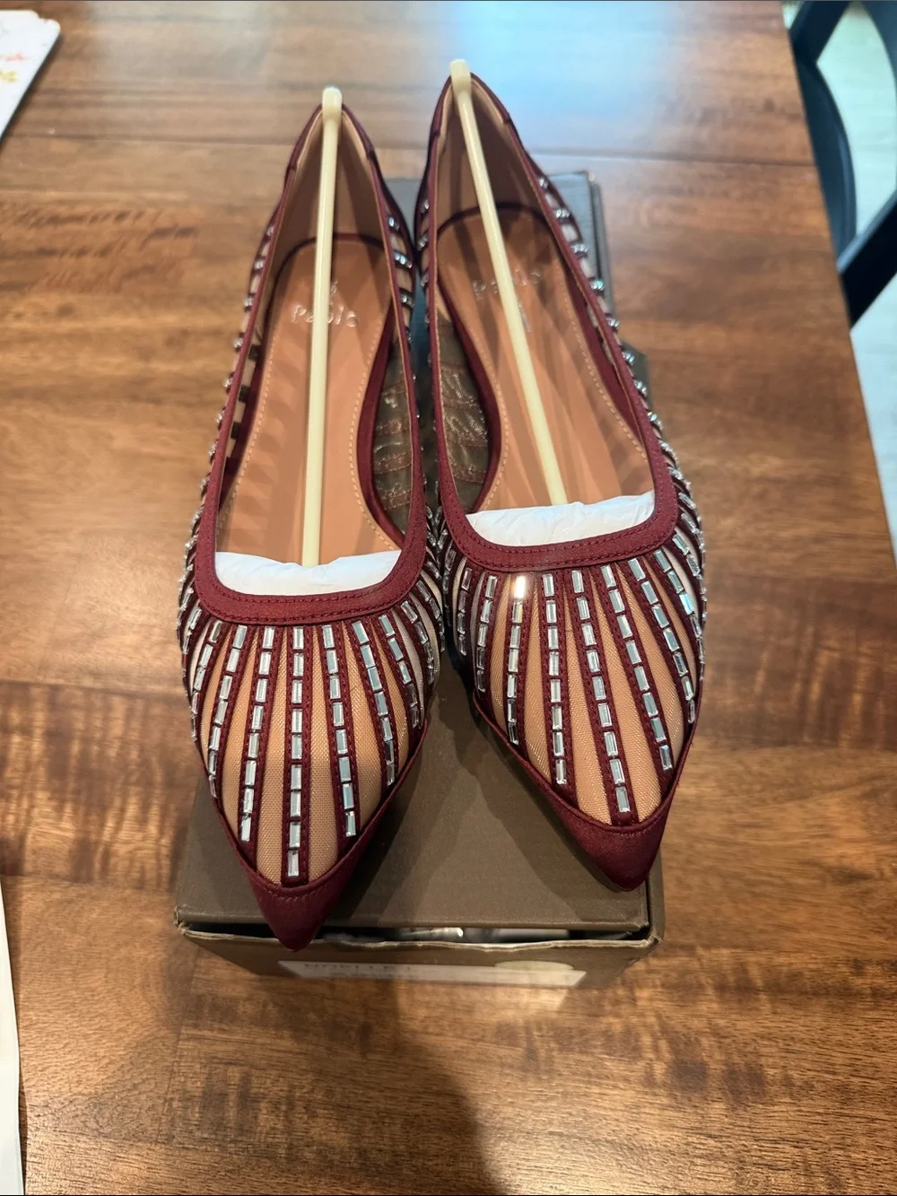 Paolo Burgundy Pointed-Toe Mesh Flats with Bead Stripes